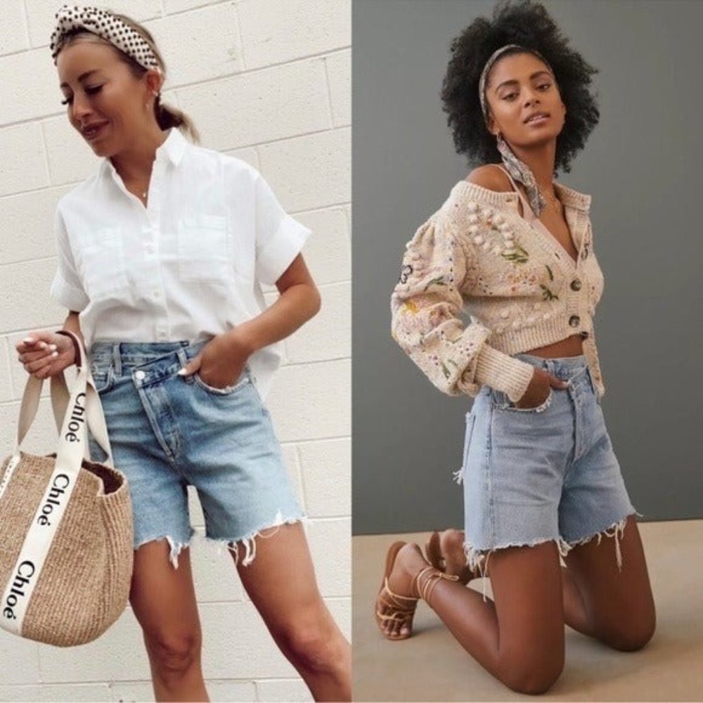 NWT Agolde Criss Cross Denim Shorts With Raw Hem Size 29